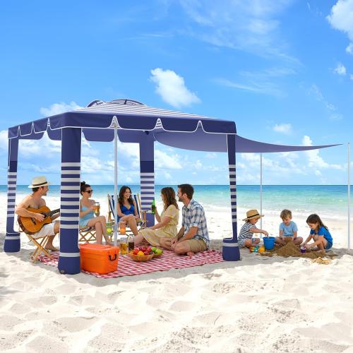 MoKo Beach Cabana,120 Sq. Ft. Large Beach Canopy Tent Sun Shade, UPF 50  Protection Easy Setup Beach Tent, Adjustable Height Wind Resistant Cabana Sun Shelter for Whole Family, Navy Stripes