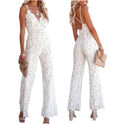 size M...ensswliz Women Elegant Jumpsuit Spaghetti Straps V Neck Solid Color Lace Backless One Piece Wide-leg Jumpsuits Long Playsuit