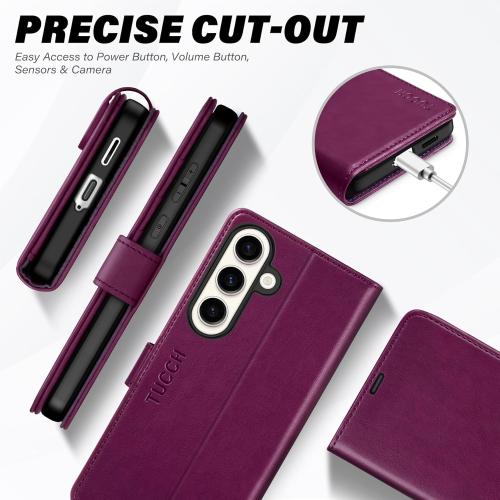 TUCCH Case Wallet for Galaxy S25 FE 5G, Kickstand [RFID Blocking] 4 Card Holder, Folio Magnetic PU Leather [TPU Shockproof Interior Shell] Protective Cover (6.7) 2025, Plum Purple