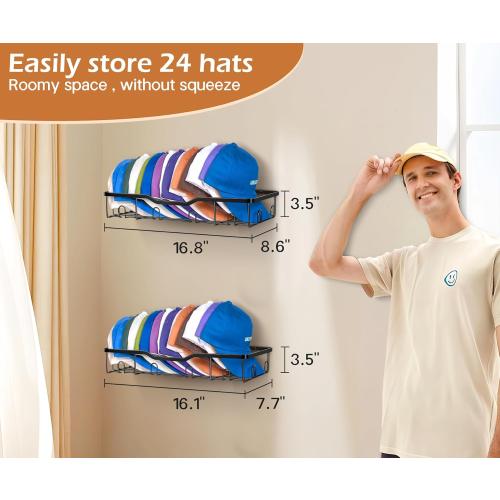 KEETDY Metal Hat Racks for Baseball Caps Wall Hat Organizer Fit 48 Caps Holder, 2 Packs Sturdy Wall Mounted Hat Storage Organizer, Black, Patent: US D1,041,201 S