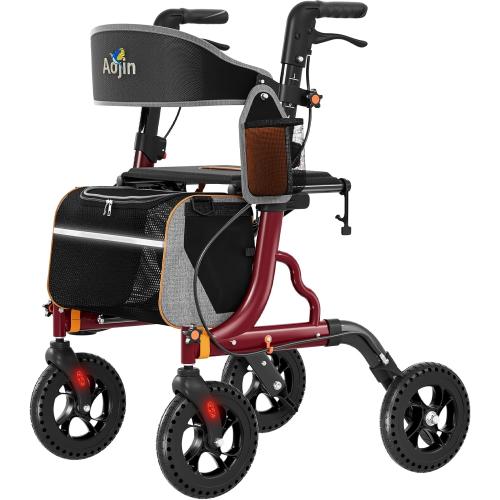 Rollator Walkers for Seniors with Seat, Foldable Walkers for Seniors, 8 All-Terrain Wheels, 18 Big Seat, 6-Level Adjustable Height Rolling Walker, 350 lb, Walker for Seniors & Adults (Burgundy)