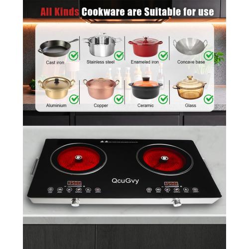 23 Portable Infrared 2 Burner 3500 Electri Burner with 2 Hours Timer-Electric Hot Plate Touch Control Panel Adjustable Heating Power Glass Plate Electric Cooktop for Cooking