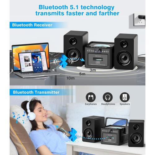 Black Greadio Stereo System for Home with Boombox CD and Cassette Player Combo, 40W Home Stereo System with Bluetooth, FM Radio/USB/TF/AUX/Remote Control, Detachable Wooden Bookshelf Speakers