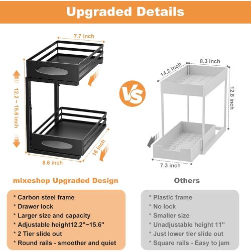 Under Sink Organizer, Pull Out Cabinet Organizers, Slide Sink Steel Shelf Cabinet Storage Shelves, Under Sink Storage for Kitchen Bathroom Cabinet (Black, 2 Pack)