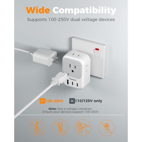 Set of 2 US to India Plug Adapter 2 Pack, TESSAN Type D Travel Adapter with 4 Outlets 3 USB (2 USB-C), Power Adaptor for US to India Nepal Maldives Pakistan Bangladesh Sri Lanka Bhutan Yemen