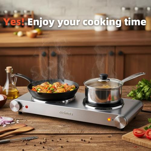 CUSIMAX Electric Hot Plate, 1800W Double Burner, Cast Iron Countertop Stove | Hot Plates for Cooking, Portable Countertop Cooktop, Works with All Cookware, Stainless Steel, Easy Cleanup,Upgraded Version