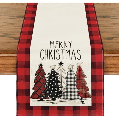 Artoid Mode Watercolor Red and Black Buffalo Plaid Christmas Trees Merry Xmas Table Runner, Seasonal Winter Holiday Kitchen Dining Table Decoration for Indoor Outdoor Home Party Decor 13 x 72 Inch