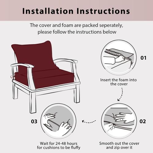 Outdoor Chair Cushions 22x22, Patio Furniture Cushions with Removable Cover, Outdoor Deep Seat Cushion Set with Ties and Handle, Waterproof Outdoor Cushions for Chair Sofa Couch, Burgundy