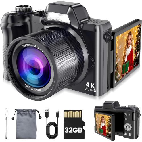 4K Digital Camera for Photography & Vlogging, 56MP Point and Shoot Digital Cameras with 180° Flip Screen, 16X Zoom Compact Travel Camera, Portable Cámara for Adults & Beginners with 32GB SD Card