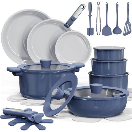 CAROTE 27pcs Ceramic Cookware Set Nonstick, Pots and Pans Set Non Stick, Non Toxic Cookware Detachable Handles, Dishwasher/Oven Safe, RV/Camping Cookware with Kitchen Utensils, Blue