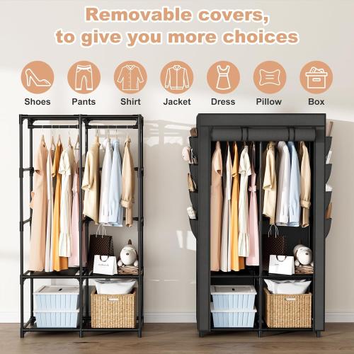 Portable Closet for Hanging Clothes, Portable Wardrobe Closet with Cover, 4 Storage Shelves, 2 Hanging Rods and 8 Side Pockets, Easy Assembly and Sturdy Free Standing Closet for Bedroom, Black