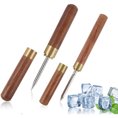 2 Sizes Stainless Steel Ice Picks with Safety Cover, Non-Slip Wooden Handle Ice Breaker Tool for Kitchen, Bars, Bartender, Camping, Restaurant, Tea Knife