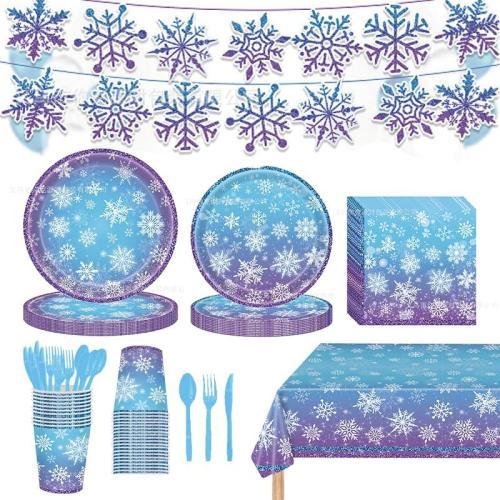 170PCS Frozen Birthday Party Decorations Purple and Blue Snowflake Winter Wonderland Include Disposable Plates, Cups, Cutlery, Banner, Tablecloth for Christmas Winter Wonderland Decorations