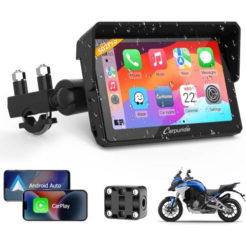 Carpuride W502PRO for Motorcycle CarPlay& Android Auto& Dual Bluetooth - 5 Waterproof GPS Navigation Screen for Motorbike, Music Sharing, Intercom, EQ, Light Sensor, Compass, Barometer