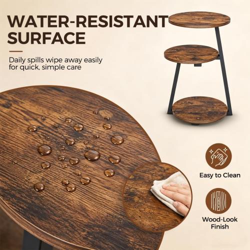 BEWISHOME Small Round Side Table, 3-Tier End Table with Storage Shelves | Small End Table, Nightstand with Metal Frame, Vintage Accent Table for Small Spaces with Storage Shelf, Living Room, Bedroom