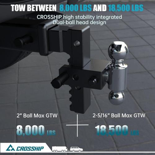 Adjustable Trailer Hitch - Heavy Duty Aluminum Drop Drawbar Hitch - Fits 2.5 Receiver, 6 Drop/Rise, for Truck, SUV, RV(18500 LBS GTW)