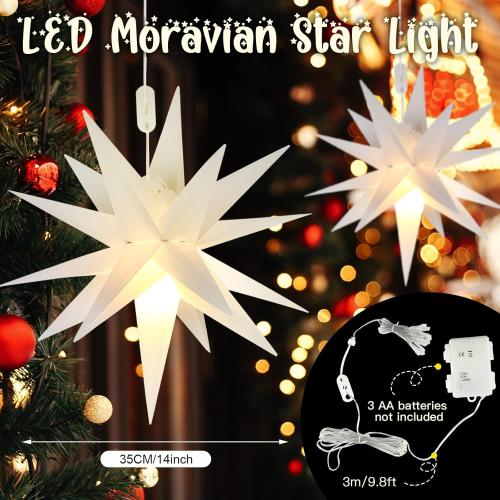 Kingdder 3 Pieces Moravian Star Light LED 3D Star Hanging Light Powered by Battery with Timer Function White Porch Lantern Holiday Decor for Indoor Outdoor Christmas Tree Balcony Courtyard (14 Inch)