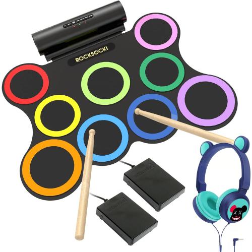 Electric Drum Set 9-Pad With Headphone, Bigger Roll-up Drum Pad USB MIDI Game, Built-in Speaker, Drum Sticks, Foot Pedals 10 Hours Playtime Holiday Xmas Birthday Gift for Kids
