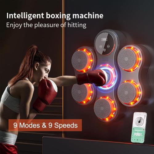 Smart Music Boxing Machine for Adults & Kids - Wall Mounted Boxing Machine with LED Lights, 9 Speed Modes, 2 Gloves & Extra Straps - Type-C Charging - Home & Gym Boxing Equipment