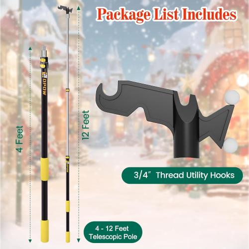 4-12 FT Christmas Light Telescopic Hanger Pole with Utility Hook, Stand Reach 30 Feet Long 3/4 inch Threaded Pole Reaching High Place for Hanging and Installation Lights String, Clothes and Birdfeeder