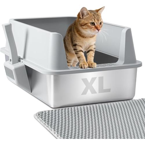 Stainless Steel Litter Box, XL Metal Litter Box with Lid | Large Cat Litter Boxes for Big Cats with High Sides, Easy Cleaning, Non Stick, No Smell, Include Scoop and Mat