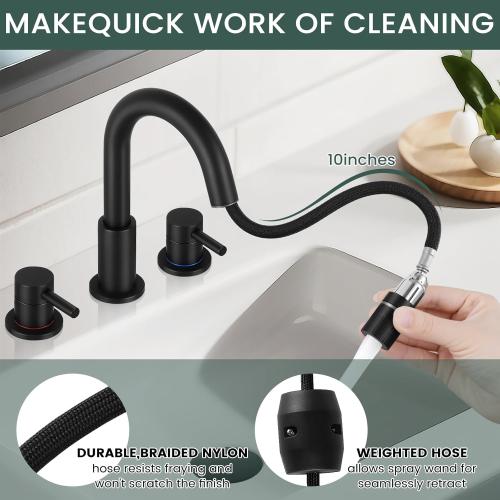 Pull Down Bathroom Faucet for Sink 3 Hole,8 inch Widespread Matte Black Bathroom Sink Faucet with Pop Up Drain, Water Supply Hoses