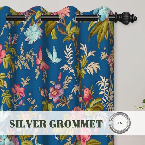 Floral Blackout Curtains for Bedroom 84 Inches Long - Red Flower and Birds Painting, Grommet Thermal Room Darkening Window Drapes for Vintage and Cottage Living Room