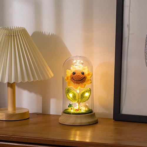 Eternal Sunflower Gifts for Women, Crochet Artificial Sun Flower Decor in Plastic Dome with Led, for Her Mom Mothers Day Birthday Anniversary Christmas Valentine Gifts (Yellow)