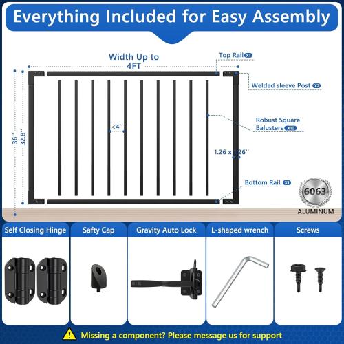 W.4ft x H.36in Aluminum Deck Gate Kit for H. 36in Railing System, Cuttable Porch Gate Outdoor with Latch and Auto-Close Hinge, Texture Black AAMA 2604 Grade Finish for Deck, Patio, Garden