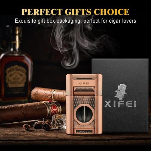 XIFEI 6-in-1 Desktop Lighter, 4 Jet Flame Torch with Straight & V-Cut Cutter, Dual Cigar Punch, Cigar Draw Enhancer, Holder, Refillable Butane Lighter with Gift Box (Bronze)