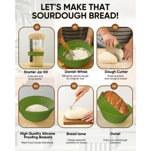 Sourdough Bread Baking Supplies 34 OZ Sourdough starter kit with 2 Bread Proofing Basket - Green