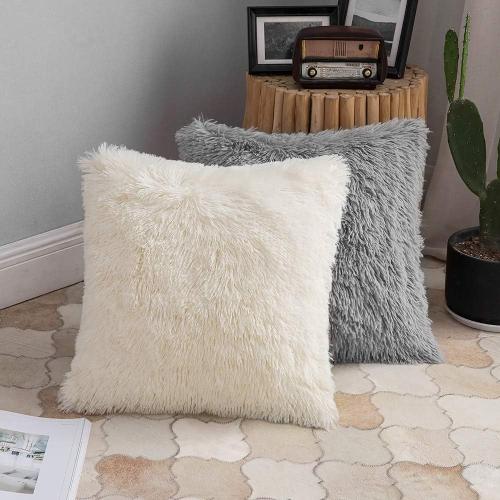 ANRODUO Pack of 2 Beige Throw Pillows Luxury Fluffy Pillows Faux Fur Decorative Pillows Plush Cushion Case Fuzzy Mongolian Merin Style for Bed Couch Sofa and Living Room Spring Home Decor 16x16 Inch