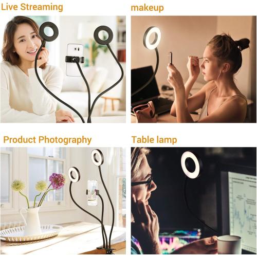 Andoer Clip-On LED Ring Light 3 Lighting Modes, USB Fill-in Lamp Dual Lights Dimmable Flexible Arms Design with Phone Holder for Live Video Chatting Selfie