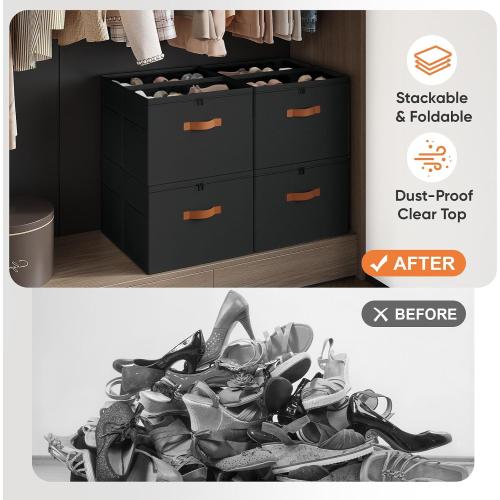 Shoe Organizer for Closet, 2-Pack Foldable Shoe Storage Box with Adjustable Dividers & Clear Cover, Fits 16 Pairs, Black, Durable and Space-Saving