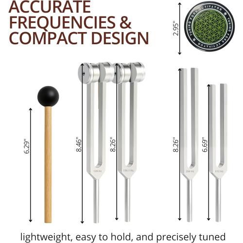Tuning Forks for Healing Set – Weighted Chakra Tuning Fork Set 128Hz 136.1Hz 256Hz 512Hz with Sound Therapy Activator and Pouch Solfeggio Kit for Healing Therapy Meditation