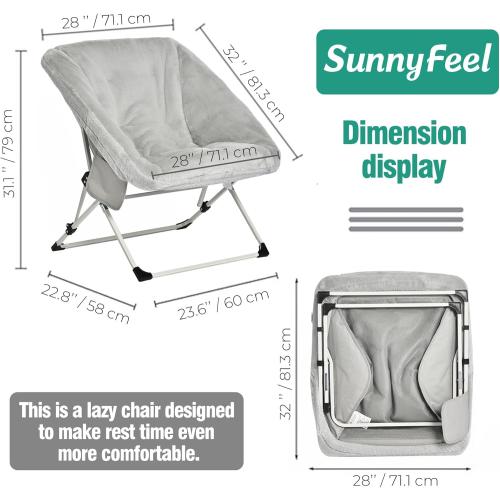SUNNYFEEL Comfy Folding Saucer Chair for All Seasons,Removal Faux Fur Soft Chair for Adults,Reading Chair for Living Room, Bedroom, Dorm, Metal Frame Moon Chair(Grey)