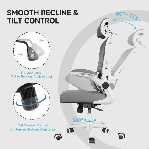 Ergonomic Office Chair, 330LBS Desk Chair with 3-Level Lumbar Support & Headrest, Breathable Mesh Backrest, Flip-Up Armrests for Home Office and Gaming, White