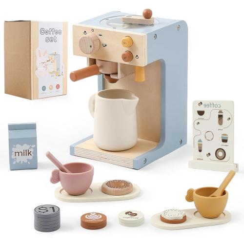 EERKEOD Toy Coffee Maker for Kids Wooden Kids Coffee Maker Playset for Toddlers Play Kitchen Accessories Gift for Girls and Boys