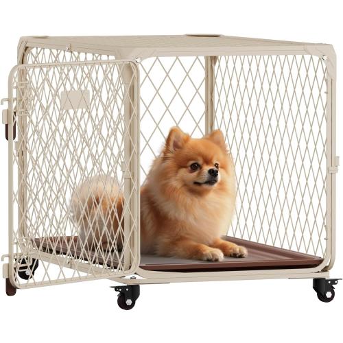 Diamond Mesh Dog Crate for Small Dogs, 30 Inch Metal Dog Kennel with Lockable Wheels, up to 70lbs, Double Secure Latch Dog Cage with Removable Tray, Durable & Easy to Assemble, Beige