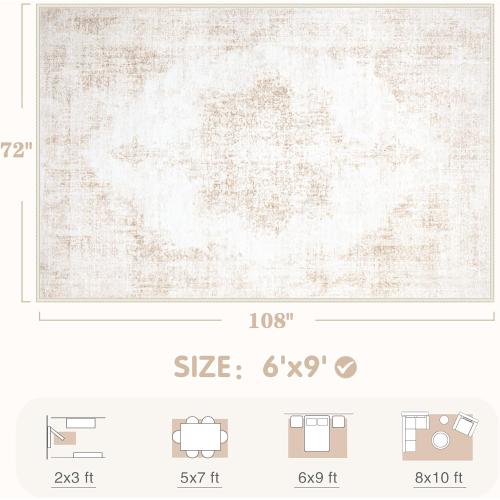 Area Rug 6x9 Vintage Rug: Washable Living Room Rugs Retro Medallion Distressed Large Rugs Soft Low Pile Non-Slip Indoor Floor Carpet for Bedroom Kitchen Nursery Dining Table Office (Beige, 6'x9')