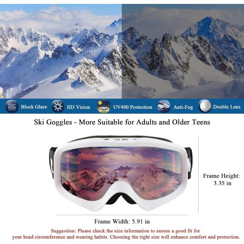 Karsaer Ski Goggles Anti-Fog Snow Goggles OTG 100% UV Protection Snowboard Goggles Bendable Dual-Lenses for Men Women Youth