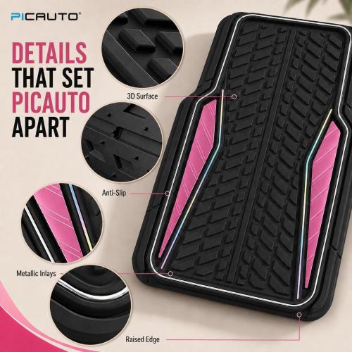 PIC AUTO Car Floor Mats, Pink Aluminum-Molded with Full-Circle Iridescent Inlay Strip Car Mats, Universal-Fit Rubber Mats for Cars, Trucks & SUVs, All-Weather, Non-Slip, Easy-to-Clean Interior Mats