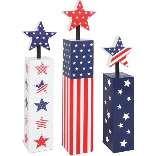 COCHIE 4th of July Decorations Set, Red White Blue Decor, Wooden Patriotic Memorial Day Tiered Tray Decor, Labor Day Decorations, Fourth of July Decoration for Home Office Table (Flag Cute)