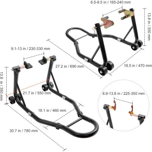 vevor Motorcycle Stand Lift 850lbs Front Rear Combo Stand Lift Stand Front Wheel Fork Stand Rear U L Fork Swingarm Spool Stand Compatible with Most Yamaha Honda Kawasaki Suzuki Motorcycles Black