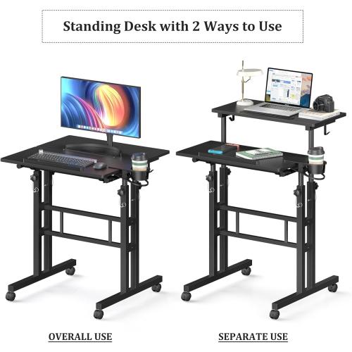 Small Standing Desk with Wheels, Mobile Stand Up Desk, Portable Standing Table on Wheels for Walking Pad, Rolling Computer Desk Adjustable Height, Tall Table