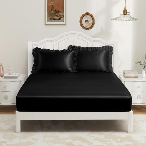 P Pothuiny 3-Piece Set Ruffle Satin Pillowcases & Twin Fitted Sheet