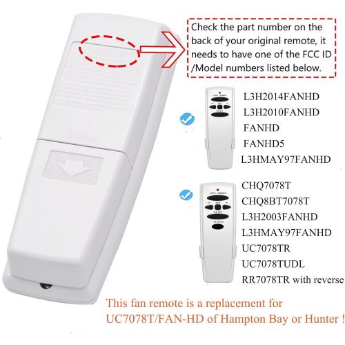 UC7078T Ceiling Fan Remote Control Replacement of Hampton Bay UC7078T Fan-HD CHQ7078T UC7078TR UC7078TUDL RR7078TR L3H2003FANHD, with Reverse, (2.16 * 1.18 * 5.6, White)