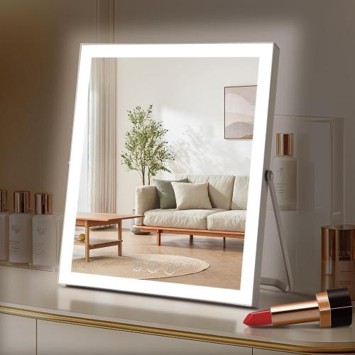 Vanity Mirror with Lights,10x12 Lighted Makeup Mirror with 3 Color Modes, 360° Rotation Desk Mirror, Dual Power Supply, Smart Touch Control (White),Valentine's Day Gift for Her