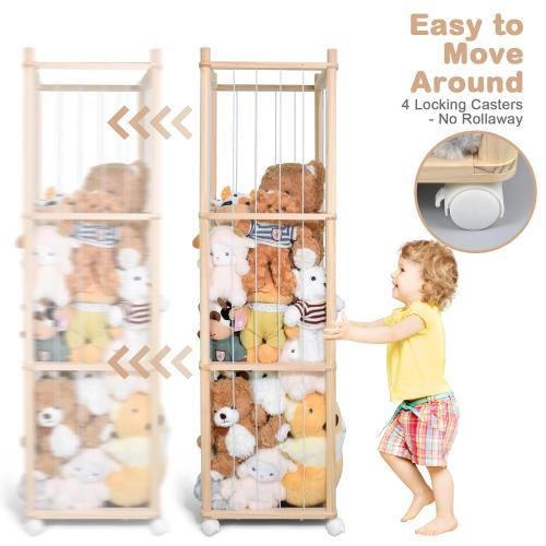 Stuffed Animal Storage, Wood Stuffed Animal Zoo Storage with Brake Wheels, Space Save Toy Organizer, Large Capacity Stuffed Animal Holder, Perfect for Nursery Playroom Kidroom Bedroom-54.3 Inch