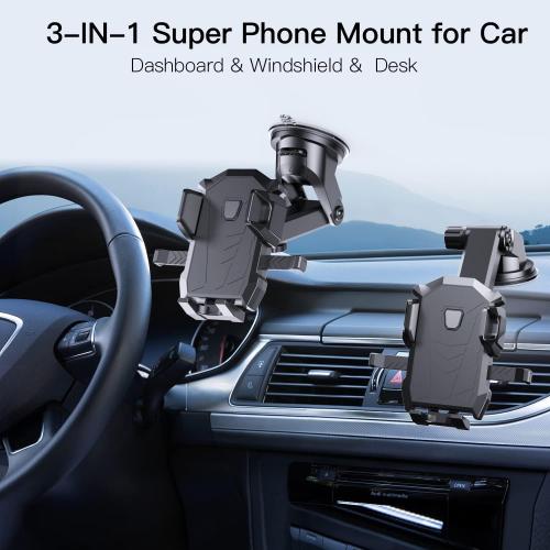 Car Phone Holder Mount Dashboard & Windshield Hands Free, Cell Phone Holder with Super Suction Cup and Long Arm Compatible with iPhone Samsung & Other Cellphone